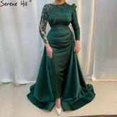 Robe de soirée sirène verte musulmane en satin, élégante et luxueuse, avec perles, pour femmes, LA71124, 2025