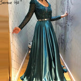 Robe de soirée musulmane en satin vert, coupe trapèze, avec perles, pour mariage, collection 2025, LA71252