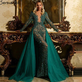 Robe de soirée musulmane verte avec traîne, style sirène, perles, élégante et luxueuse, pour femmes, LA71107, 2025