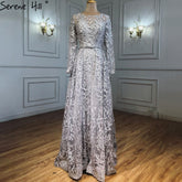 Robe de soirée trapèze grise musulmane, luxueuse, en dentelle et perles, pour femme, idéale pour un mariage, modèle 2025, LA71211