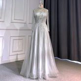 Robe de soirée grise style musulman, coupe trapèze, col haut, manches longues, luxueuse, perlée, pour femmes, LA71692, 2025