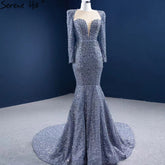 Robe de soirée sirène grise musulmane 2025, élégante robe de soirée de luxe perlée HM67272