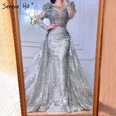 On Sale no return no refund Muslim Grey Mermaid Evening Dresses Gowns 2025 Lace Beaded Crystal With Overskirt For Woman Party LA71172