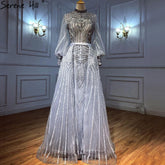 Vestidos de noche musulmanes grises con sobrefalda, elegantes vestidos de sirena con cuentas para mujer, para fiesta, LA71248