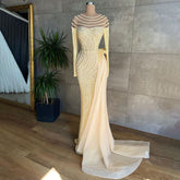 Robe de soirée sirène élégante en ivoire avec jupe et perles, col rond, luxueuse, pour femmes musulmanes, collection 2025, LA71767