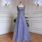 Robe de soirée de luxe lilas style musulman, coupe trapèze, col carré, perles, style Dubaï, pour femmes, fête de mariage, 2025, LA71985