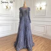 Robe de soirée de luxe bleue style musulman, coupe trapèze, en dentelle perlée, pour femmes, modèle LA71312, 2025