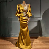 Robe de soirée musulmane de luxe en satin doré et perles, style sirène, élégante, pour femmes, LA71409, 2025