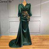 Robe de soirée musulmane de luxe en satin vert, style sirène, élégante, perlée, pour femmes, LA71365, 2025
