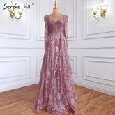 Robe de soirée de luxe rose pour femmes musulmanes, coupe trapèze, en dentelle perlée, LA71312, 2025
