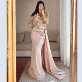 Vestido de noche musulmán de sirena color melocotón, elegante, con cuentas, escote en V y falda, para mujer, fiesta, LA71344