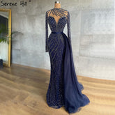 Vestidos de noche musulmanes azul marino de lujo, vestidos de sirena con cuentas, elegantes para mujer, fiesta LA71359