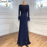 Vestidos de noche musulmanes azul marino de sirena, elegantes vestidos de lujo con cuentas y plumas para mujer, para fiesta LA70978A