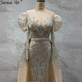 Muslim Nude Silver Mermaid Evening Dresses Gowns 2025 Beaded Elegant Luxury Overskirt For Woman Party LA71352