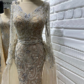 Robe de soirée musulmane couleur chair argentée, style sirène, luxueuse et élégante, avec perles, pour femme, modèle LA71353, 2025