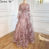 Muslim Pink Beaded Lace A-Line Luxury Long Crystal Evening Dresses Formal Gowns For Women Party 2025 LA70708