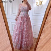 Muslim Pink Luxury Evening Dresses 2025 A-Line Beaded Long Sleeves For Women Party LA71311