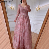 Muslim Pink Luxury Evening Dresses Gowns 2025 Long Sleeves Crystal A-Line For Women Party LA70729