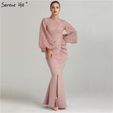 On Sale No Return No Refund Sale Muslim Pink Mermaid Lantern Sleeves Evening Dresses Gowns 2025 Split Elegant For Woman Party QA8002