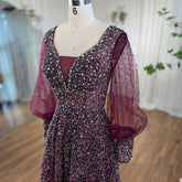 Vestido de noche musulmán morado, elegante, corte A, con mangas abullonadas, de lujo, con cuentas, para mujer, boda, fiesta, LA72145