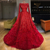 Vestidos de noche musulmanes rojos de lujo, corte A, con plumas brillantes, para mujer, fiesta, HM67124, 2025