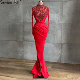 On Sale no return no refundSale Muslim Red Mermaid Split Evening Dresses Gowns 2025 Elegant Satin Beading For Women Party LA71091
