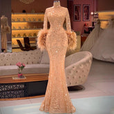 Vestidos de noche elegantes musulmanes de oro rosa 2025, sirena con plumas y cuentas, de lujo para mujer, fiesta LA71514