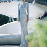 On Sale no return no refundSale Muslim Silver Mermaid Elegant Evening Dresses Gowns 2025 Long Sleeves Sparkle For Women Party LA70690