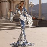 On Sale no return no refund Muslim Silver Mermaid Evening Dresses Gowns 2025 Flare Sleeves Elegant For Women Party LA70650