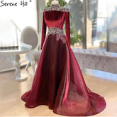Muslim Wine Red Evening Dresses Gowns 2025 Velour Beaded A-Line For Women Wedding Party LA71431