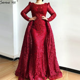 Muslim Wine Red Mermaid Elegant O Neck Luxury Beaded Evening Dresses Gowns 2025 For Woman Plus Size LA70406