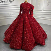 Muslim Wine Red Sequined Wedding Dresses 2025 Long Sleeves Luxury Sparkle Bridal Gowns HA2522 Custom Made