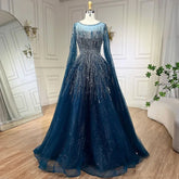 Navy Blue Luxury Evening Dresses with Cape Sleeves A-Line Beaded Gown For Women's Wedding Party 2025 LA72248A