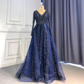Navy Blue Velvet Muslim Mermaid Elegant Evening Dresses Beaded Long Sleeves With Skirt Not Removable 2025 LA71691