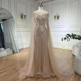 Nude Arabic Mermaid Cape Sleeves O-neck Beaded Evening Dresses Luxury Gowns 2025 For Women Wedding Party LA72012