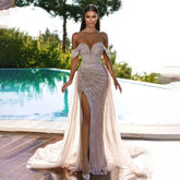 Robe de soirée élégante style sirène nude avec jupe, épaules dénudées, fendue et perlée, pour femme, modèle LA71728, 2024