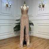 Nude Mermaid Sexy Halter High Split Beads Arabic Evening Dresses Gowns For Women Wedding Party 2025 LA72025