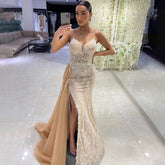 Nude Spaghetti Strap Luxury Evening Dresses Gowns 2025 Mermaid Beaded Elegant Overskirt For Women Party LA71599