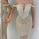 Nude Spaghetti Straps Mermaid Evening Dress with Beaded Pearls - Luxury Dubai Gown for Women's Wedding Party LA72393