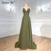 Olive Green Satin Evening Dresses Gowns 2025 Spaghetti Strap Simple For Women Party LA71298