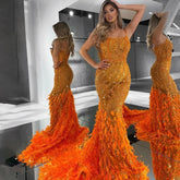 Orange Spaghetti Strap Mermaid Evening Dresses Gowns Luxury Feathers Beaded for Women Wedding Party 2025 LA72272
