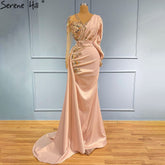 Peach Mermaid Satin Evening Dresses Gowns 2025 Elegant Beaded Overskirt For Women Party LA71344