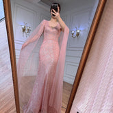 Peach Pink Mermaid Elegant Cape Sleeves Beaded Evening Dresses Formal Arabic Gowns 2025 For Women Party LA72038