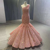 PeachOne Shoulder Lace Up Sequined Beaded Luxury Mermaid Bride Gowns Wedding Dress 2025 High End Custom Made HM67447