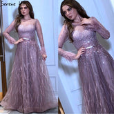 Pink A-Line Dubai Design Feathers Long Sleeves Luxury Beaded Evening Dresses Gowns For Women Party 2025 LA60836