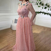 Pink A Line O Neck Long Sleeve Dubai Evening Dresses Design 2025 Handmade Flowers Pearls Evening Gowns LA60766