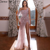 Pink Arabic A-Line Sexy High Split One Shoulder Evening Dresses Gowns Beaded Luxury 2025 For Women Party LA71241