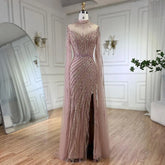 Pink Cape Sleeves Mermaid Split Beaded Luxury Dubai Long Evening Dresses Gowns for Women Wedding Party 2025 LA72449