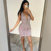 Pink Elegant Meramid Sexy V-neck Knee-Length Feathers Beaded Luxury Evening Dresses 2025 For Women Party LA71684
