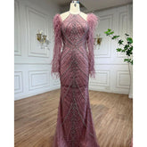 Pink Feathers Mermaid Elegant Long Evening Dresses 2025 Luxury Dubai Gowns for Women Wedding Party LA72116